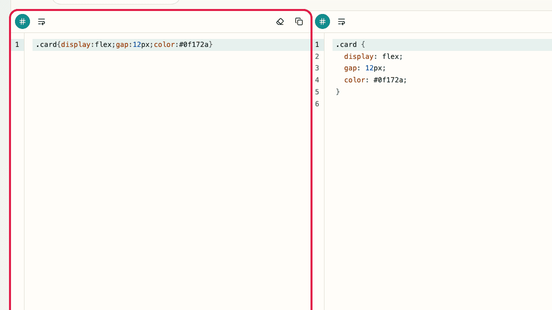 Screen showing Format mode and code input area in CSS Formatter