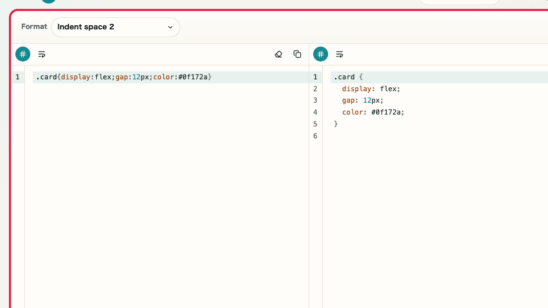 Screen showing Format and minify mode area in CSS Formatter