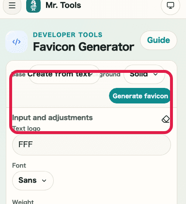 Mobile view of the base selector in Favicon Generator