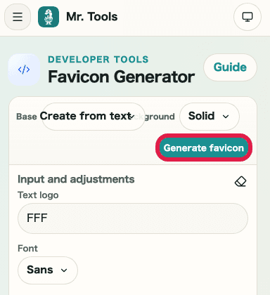 Mobile view of the generate button in Favicon Generator