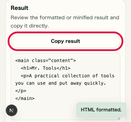 A cropped mobile image of the copy result action in HTML / CSS / JS Formatter
