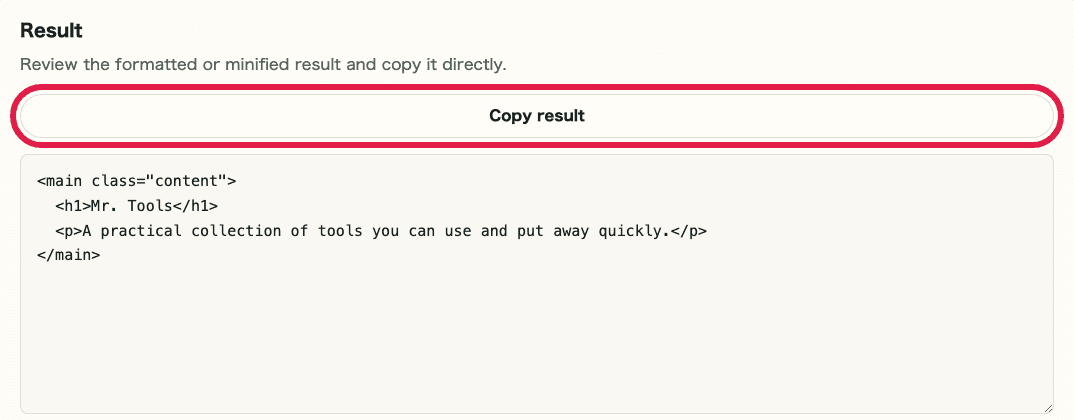 A cropped image of the copy result action in HTML / CSS / JS Formatter
