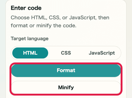 A cropped mobile image of the format and minify buttons in HTML / CSS / JS Formatter