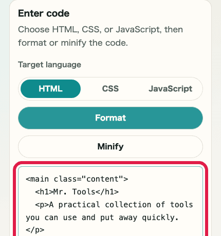 A cropped mobile image of the code input area in HTML / CSS / JS Formatter