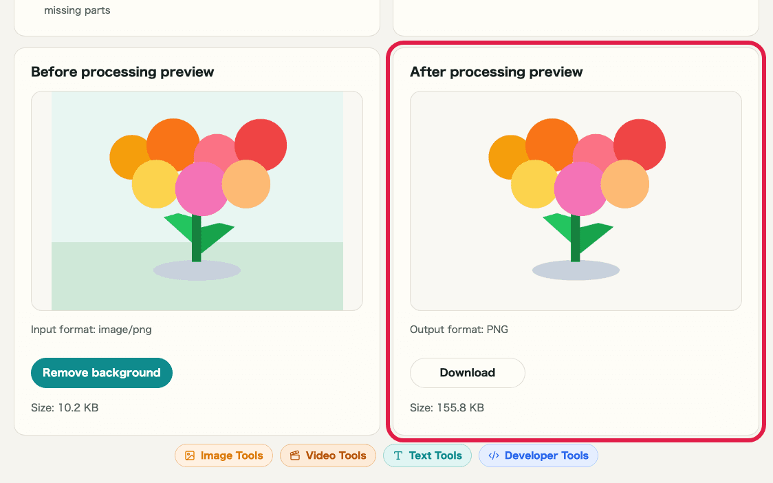 A cropped image showing the before-and-after preview in Image Background Removal