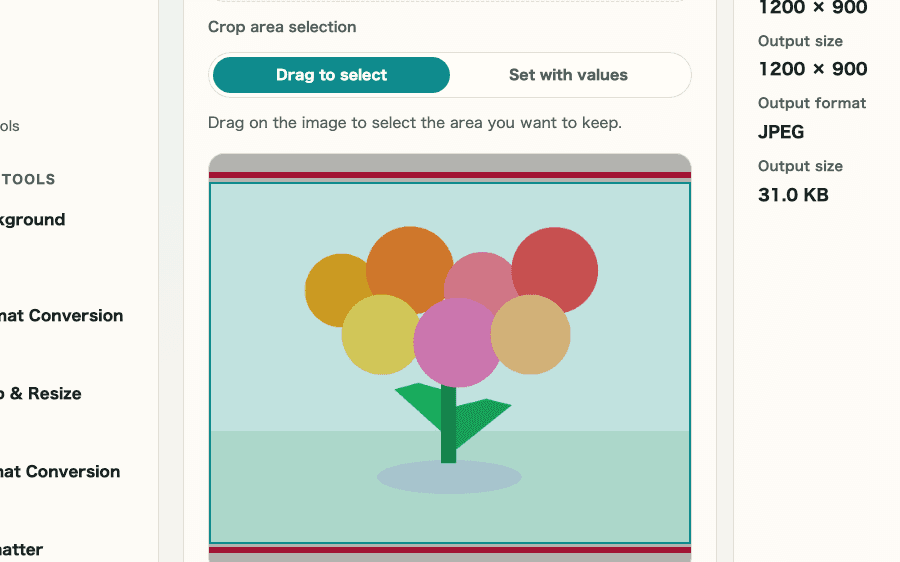 A cropped capture of the editing screen in Image Crop & Resize showing image selection and crop area controls