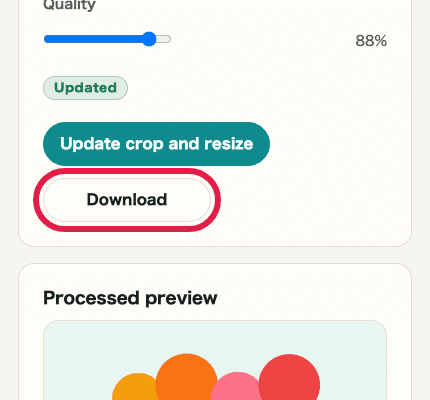 A cropped mobile view showing the download button in Image Crop & Resize