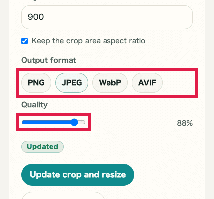 A cropped mobile view showing output format and quality settings in Image Crop & Resize