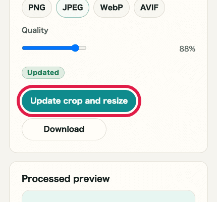 A cropped mobile view showing the update button in Image Crop & Resize