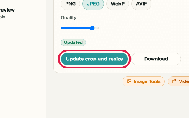 A cropped view showing the update button in Image Crop & Resize