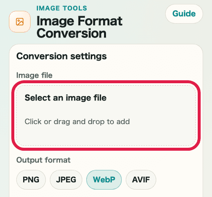 A cropped mobile capture of the conversion settings in Image Format Conversion showing the image file selection area