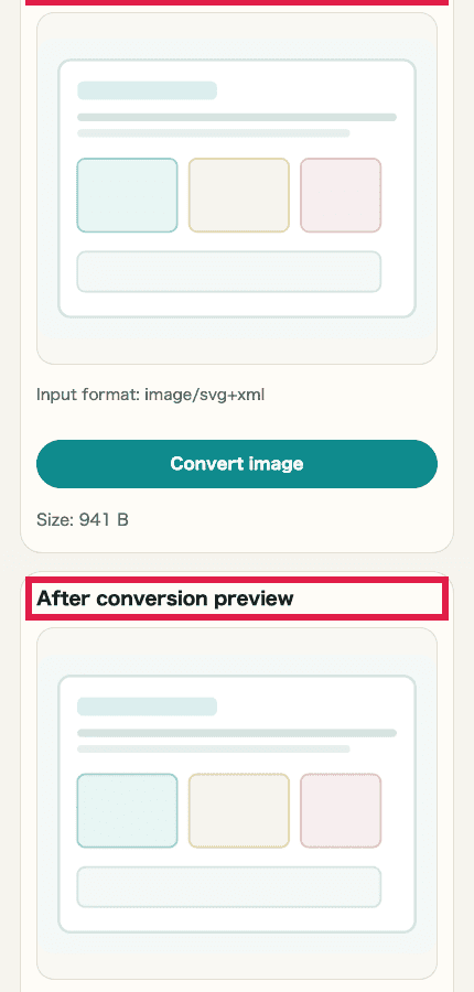 A cropped mobile capture of the before-and-after preview area in Image Format Conversion showing where to review the result