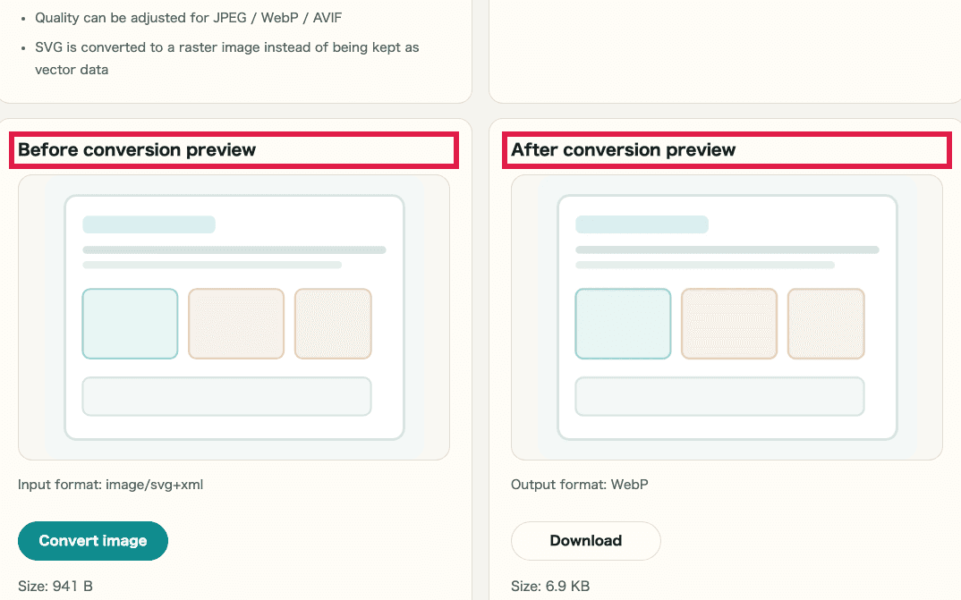 A cropped capture of the before-and-after preview area in Image Format Conversion showing where to review the result