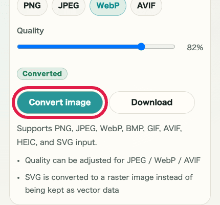 A cropped mobile view showing only the convert button in Image Format Conversion