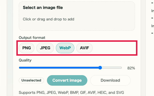A cropped view showing only the output format selector in Image Format Conversion
