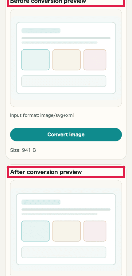 A cropped mobile view showing only the before-and-after previews in Image Format Conversion