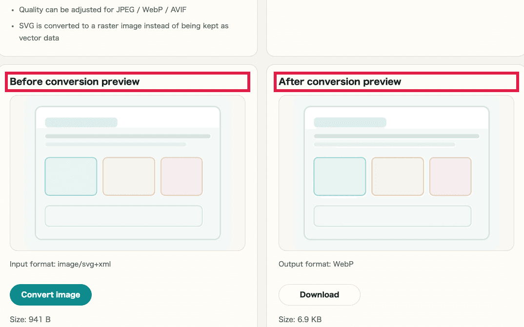 A cropped view showing only the before-and-after previews in Image Format Conversion