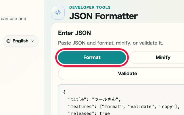 A cropped view showing the format button in JSON Formatter