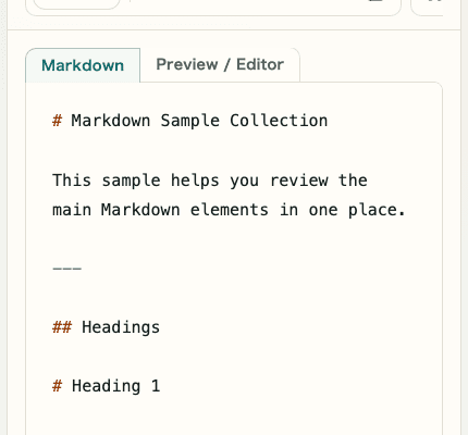 A cropped mobile capture of the Markdown Preview editor showing the Markdown input area on the left