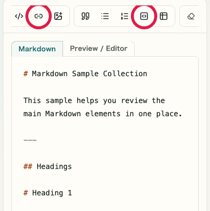 A mobile view of the Markdown Preview editor showing code block and link controls