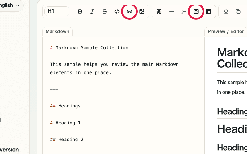 A view of the Markdown Preview editor showing code block and link controls