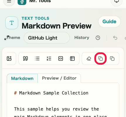 A mobile view showing the copy icon at the top right of each panel in Markdown Preview
