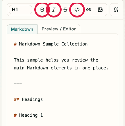 A mobile view of the Markdown Preview editor showing the text emphasis controls