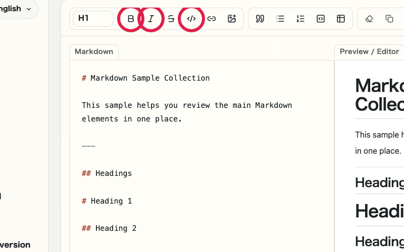 A view of the Markdown Preview editor showing the text emphasis controls