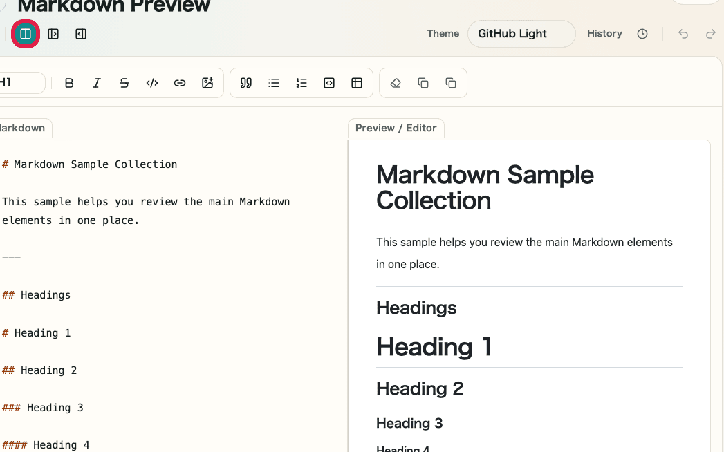 A view of the Markdown Preview display controls showing where to switch between split and single-pane views