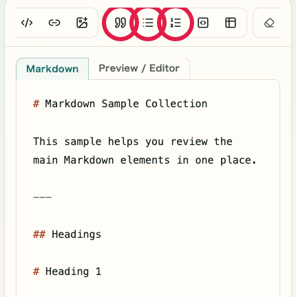 A mobile view of the Markdown Preview editor showing list and quote controls