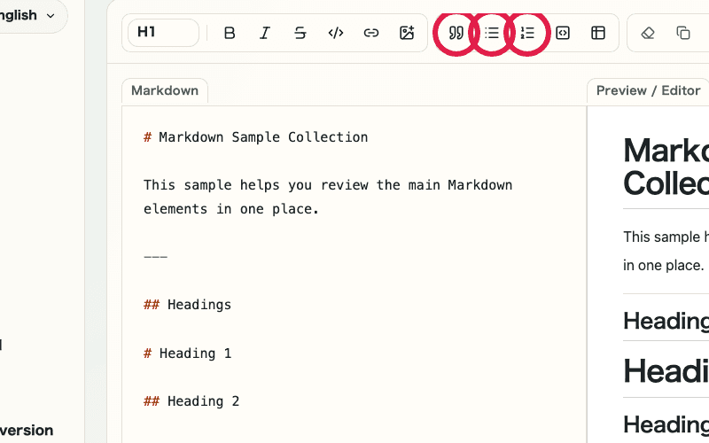 A view of the Markdown Preview editor showing list and quote controls