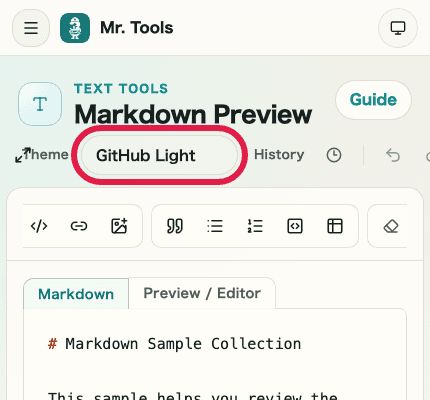 A mobile view of the Markdown Preview display controls showing where to change the theme