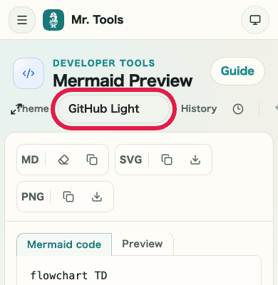 A cropped mobile view showing only the theme selector in Mermaid Preview