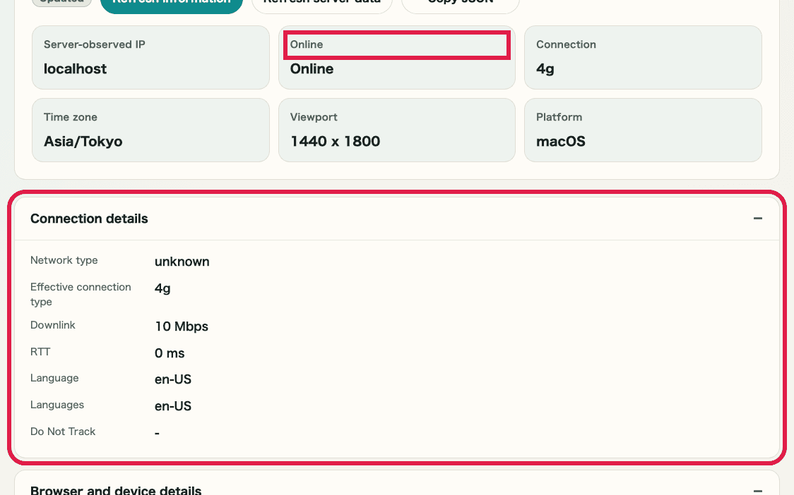 A cropped view of the connection details accordion in IP & Network Information Checker