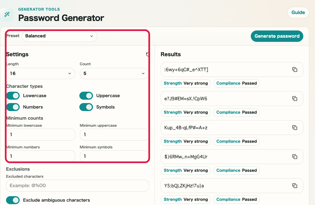 パスワード生成ツールの設定エリアを示す画面