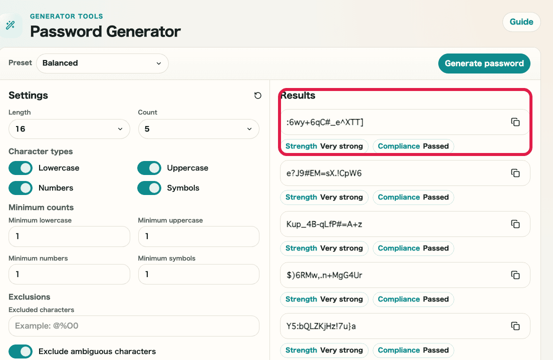 パスワード生成ツールの生成結果とコピー操作を示す画面