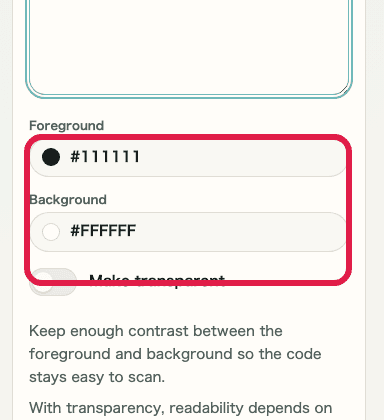 Mobile view of the color settings in QR Code Generator