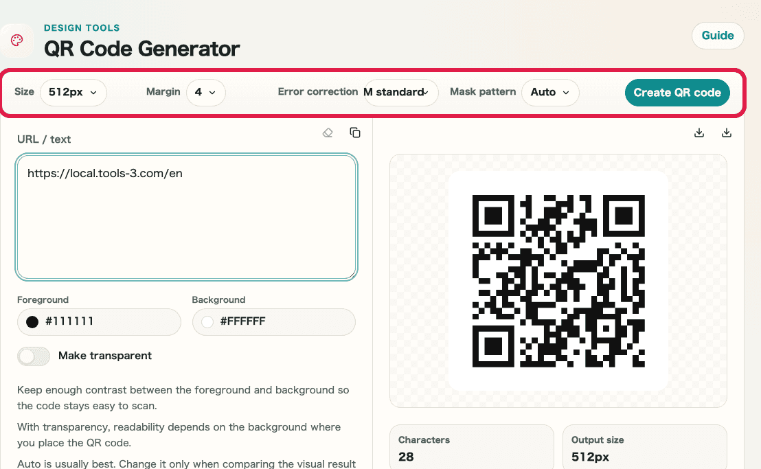 Top settings in QR Code Generator