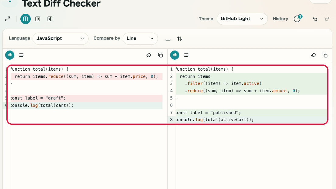 Screen showing the before and after input area in Text Diff