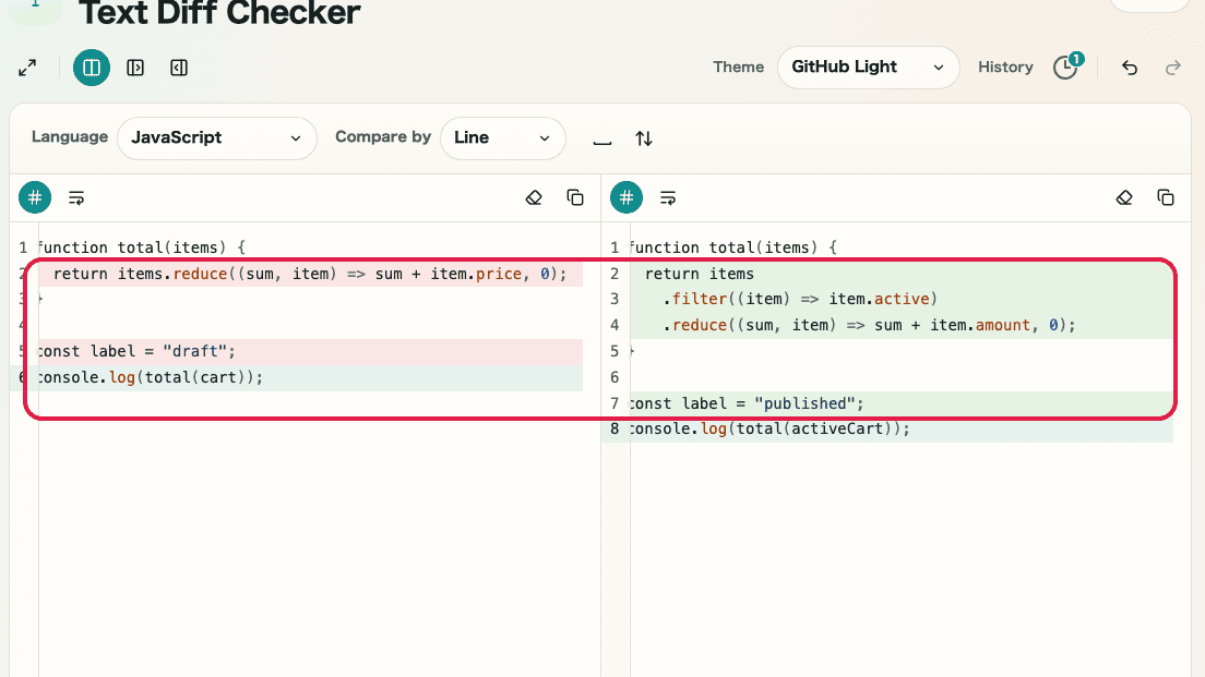 Screen showing the diff review area in Text Diff