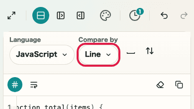 Screen showing the diff unit selector in Text Diff