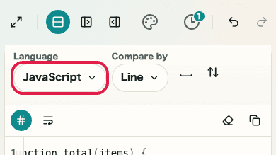 Screen showing the language selector in Text Diff
