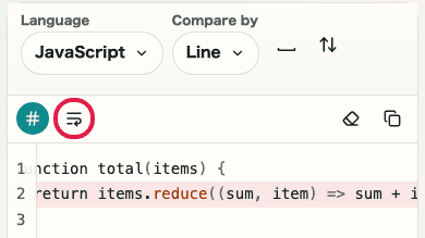 Screen showing line wrap in Text Diff