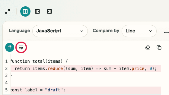 Screen showing line wrap in Text Diff
