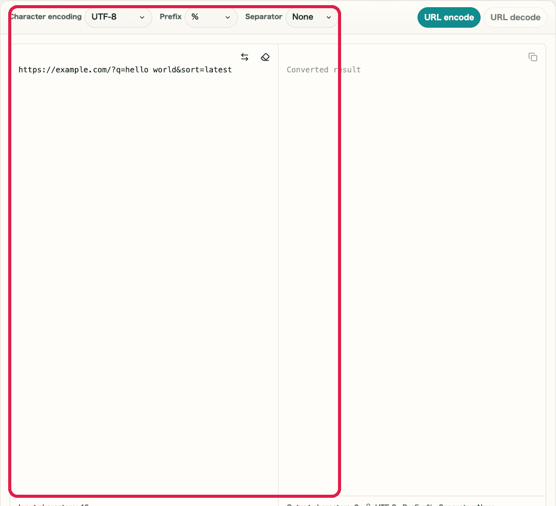 A cropped image of URL Encode / Decode showing the prefix selector, separator selector, and input area