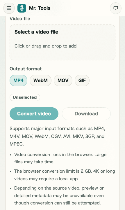 A cropped mobile image of the input area and before-conversion preview in Video Format Conversion showing file selection and output format controls