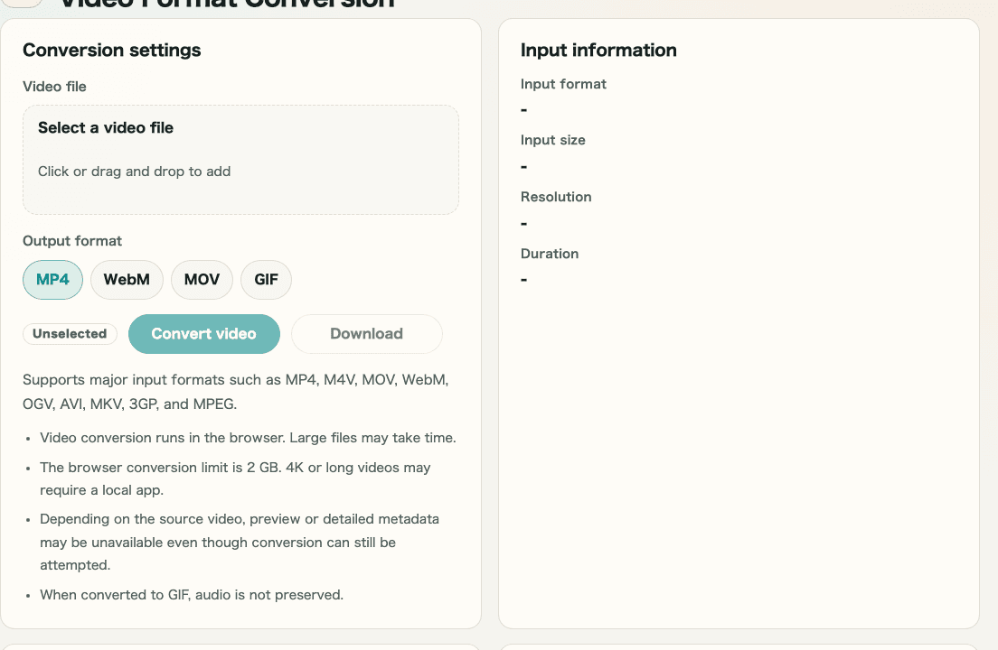 A cropped image of the input area and before-conversion preview in Video Format Conversion showing file selection and output format controls
