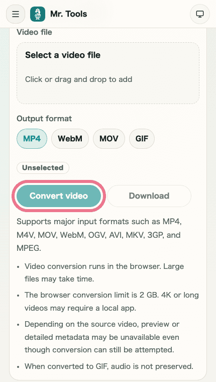A cropped mobile image of the input area and conversion result in Video Format Conversion showing the convert button and result review position
