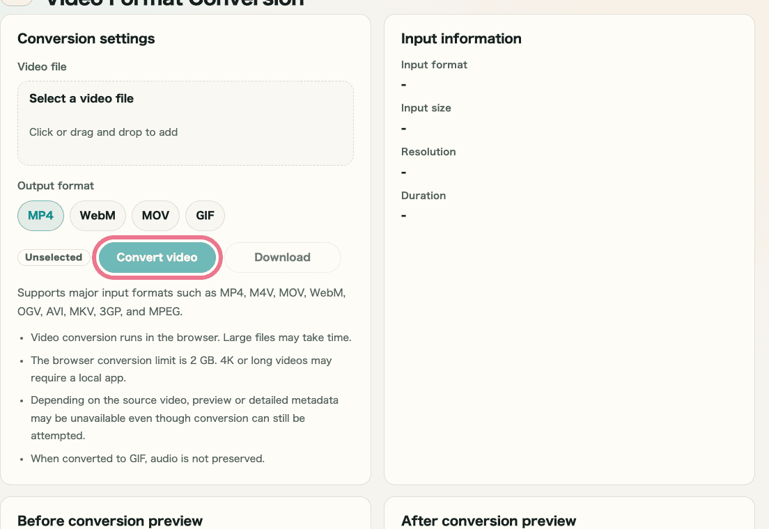 A cropped image of the input area and conversion result in Video Format Conversion showing the convert button and result review position