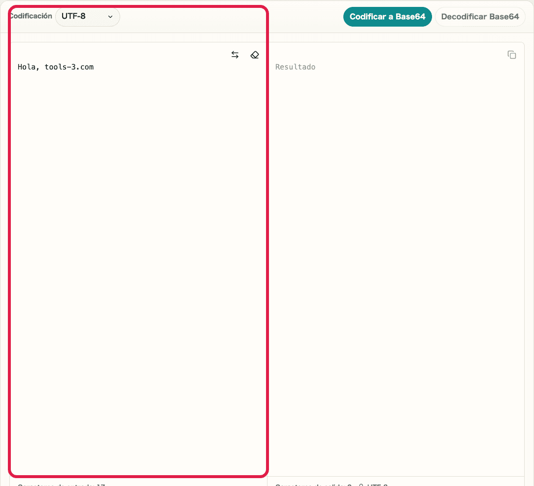 Imagen recortada de Codificar / Decodificar Base64 mostrando el selector de codificación y el área de entrada